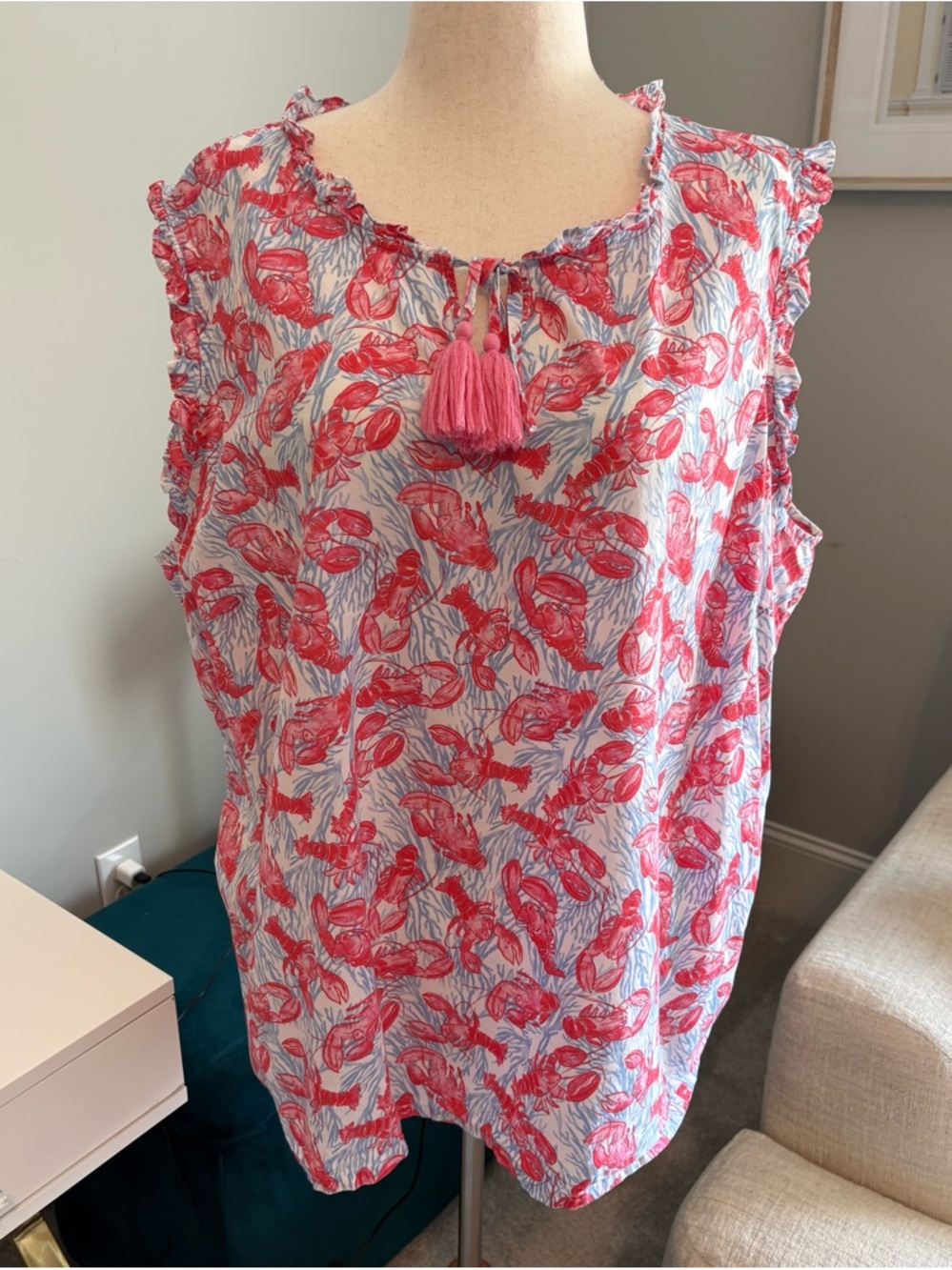 Talbots Red and Light Blue Lobster Top with Tassel Neck